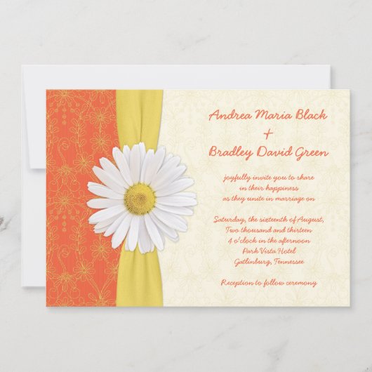 Daisy Oranje, Geel, Ivory Wedding Invitation Kaart (Voorkant)