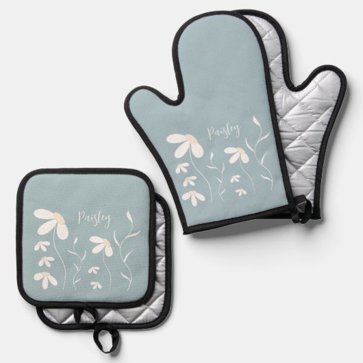 Daisy Oven Mitt & Pot Holder Set - Bloemgroen (Voorkant / Achterkant)