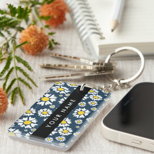 Daisy-patroon, witte madeliefjes, jouw naam sleutelhanger