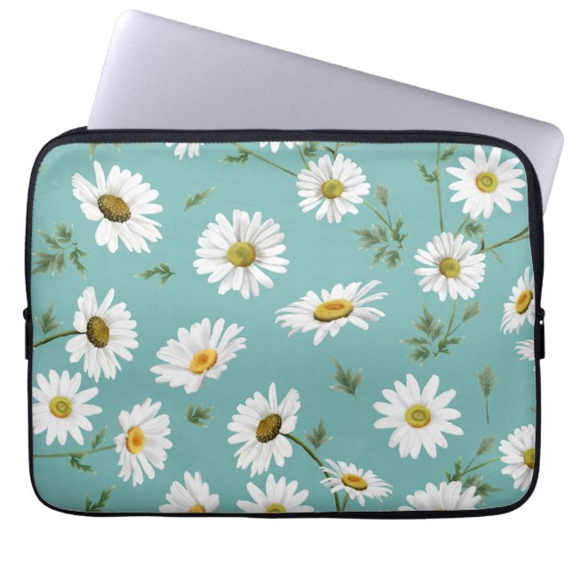 Daisy Pattern, Blauwgroen achtergrond Laptop Sleeve (Voorkant)