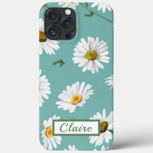 Daisy Pattern, Blauwgroen achtergrond, persoonlijk iPhone 13 Pro Max Hoesje