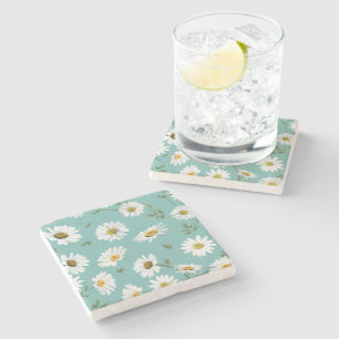 Daisy Pattern, Blauwgroen achtergrond Stenen Onderzetter