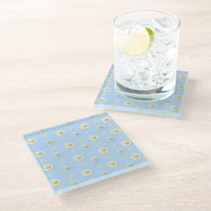 Daisy Pattern op lichtblauwe achtergrond Glazen Onderzetter