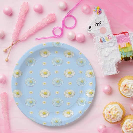 Daisy Pattern op lichtblauwe achtergrond Papieren Bordje (Feest)