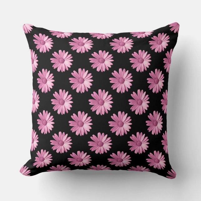 Daisy Pattern - Roze op Black Kussen (Voorkant)