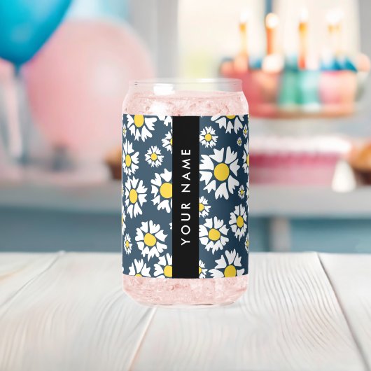 Daisy Pattern, Witte Daisies, Jouw naam Blikvorm Glas (Insitu (Baby Shower))