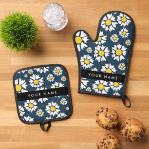 Daisy Pattern, Witte Daisies, Jouw naam Ovenwant & Pannenlap Set