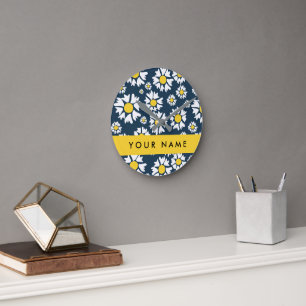 Daisy Pattern, Witte Daisies, Jouw naam Ronde Klok