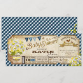 Daisy Picnic Navy Gingham Check Baby shower Kaart (Voorkant / Achterkant)