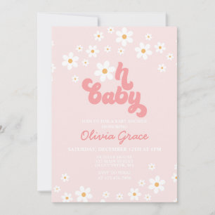 Daisy Pink Retro Groovy Baby shower Kaart