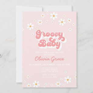 Daisy Pink Retro Groovy Baby shower Kaart