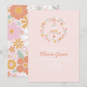 Daisy Pink Retro Peace Love Baby shower Invitation (Devant / Derrière)