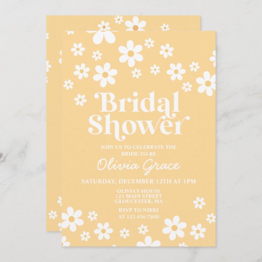 Daisy Retro jaune Floral nuptiale Invitation (Devant / Derrière)