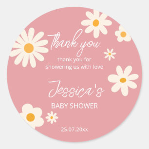 Daisy retro roze baby shower boho ronde sticker