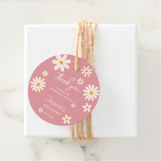Daisy retro roze woestijn baby shower boho bedankt bedankjes labels (In situ)