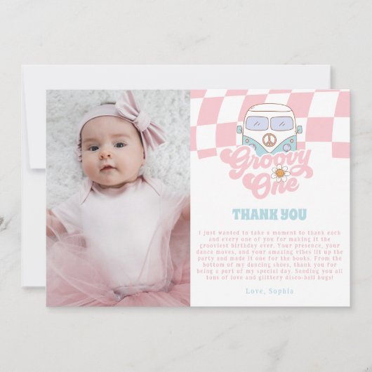 Daisy & Retro Van Pink Groovy Eén 1e Verjaardag Bedankkaart (Voorkant)