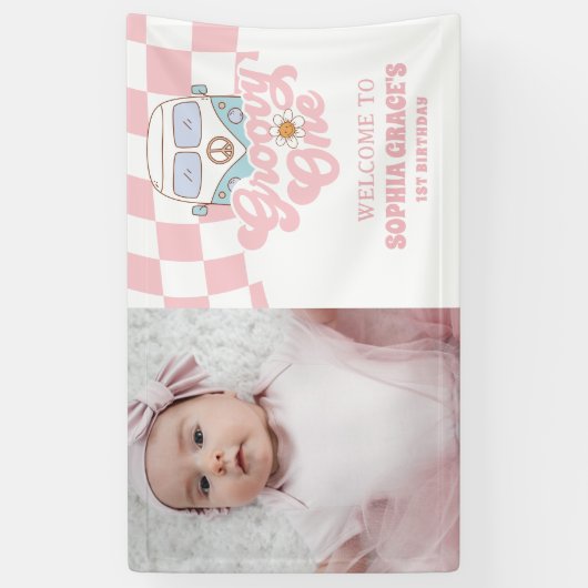 Daisy & Retro Van Pink Groovy Eén 1e Verjaardag Spandoek (Verticaal)