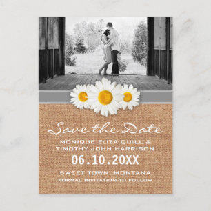 Daisy Ribbon - Burlap Grey & White Bewaar de datum Aankondigingskaart