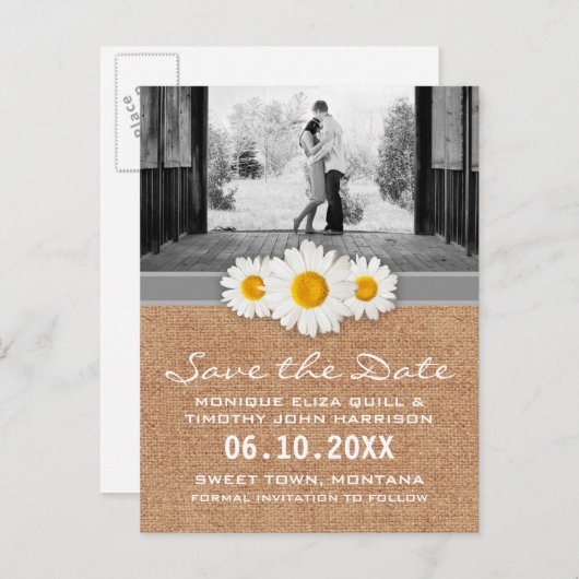 Daisy Ribbon - Burlap Grey & White Bewaar de datum Aankondigingskaart (Voorkant / Achterkant)