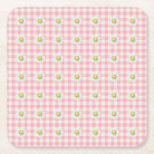 Daisy Rows on Pink Gingham Vierkante Kartonnen Onderzetter (Voorkant)
