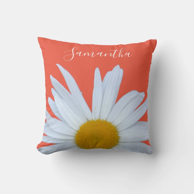Daisy Sinaasappel Wit Script Kussen (Voorkant)