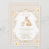 Daisy Spring Neutral Gingham Bunny Baby Shower Kaart (Voorkant / Achterkant)