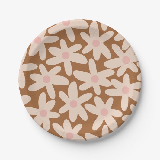 Daisy Time Cute Floral Pattern Brown and Blush Papieren Bordje (Voorkant)