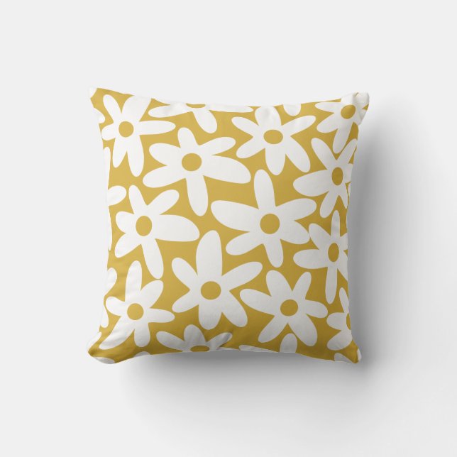Daisy Time Cute Retro Floral Pattern Mustard White Kussen (Voorkant)