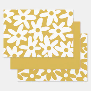 Daisy Time Cute Retro Modern Flowers in Mustard Inpakpapier Vel