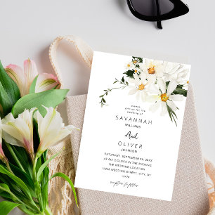 Daisy White Floral Wedding Invitation V2 Kaart