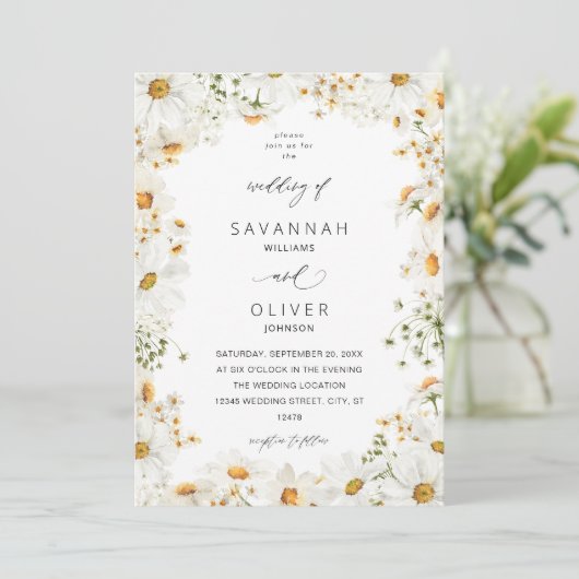Daisy White Floral Wedding Kaart (Staand voorkant)