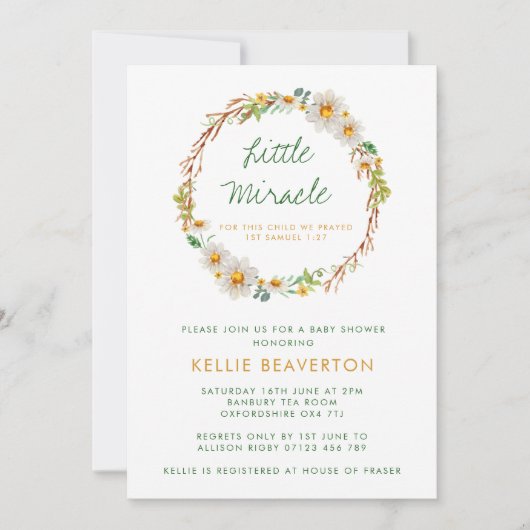 Daisy Wreath Little Miracle Baby shower Invitation (Devant)