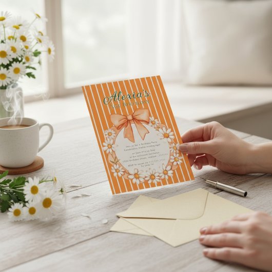 Daisy Wreath Orange Stripe Birthday invitation