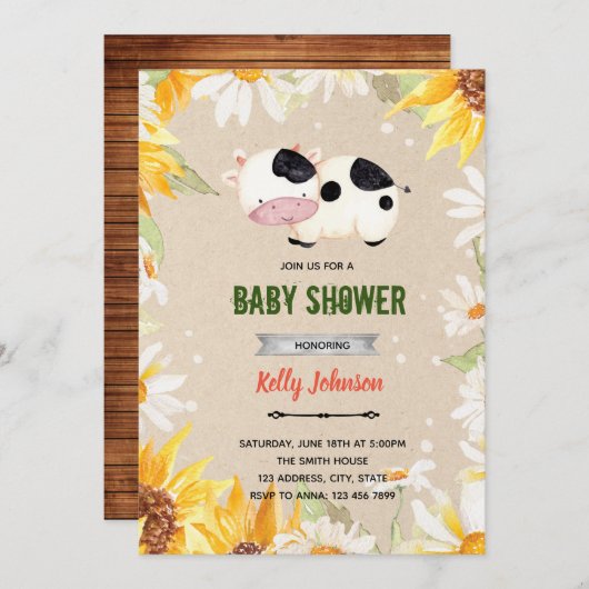 Daisy zonnebloem koe douche verjaardagsuitnodiging kaart (Voorkant / Achterkant)