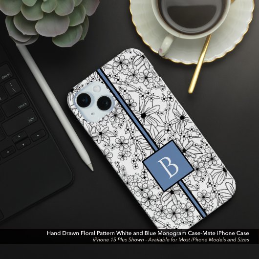Daisy Zwart Wit Bloempatroon Blauw Monogram Case-Mate iPhone Case