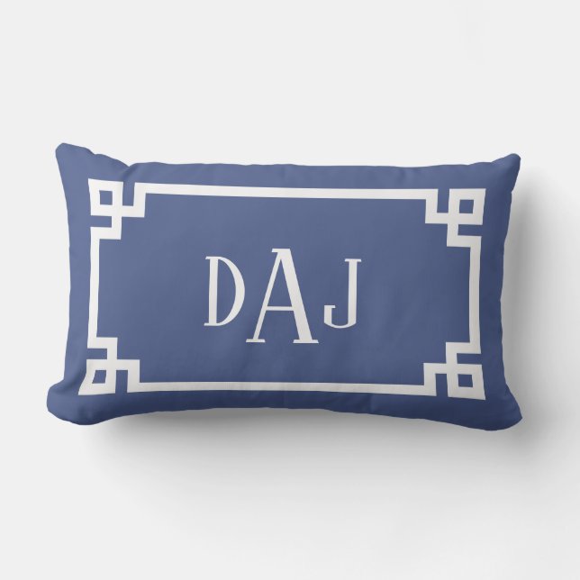 DAJ Blauw en Wit Grieks Sleutelschrift Monogram Buitenkussen (Voorkant)