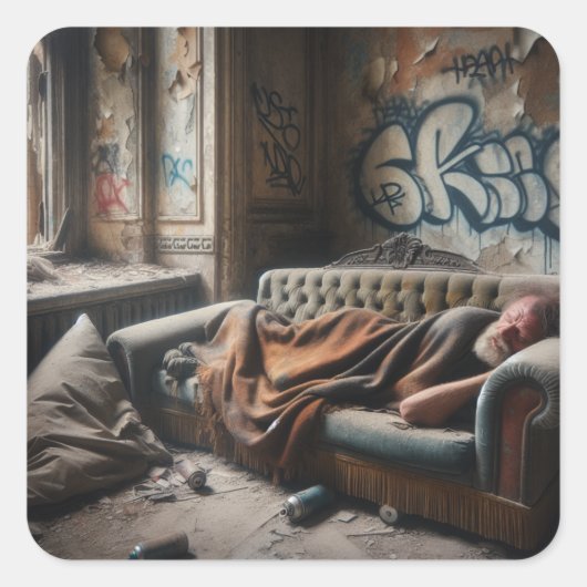 Dakloos Man Napping in verlaten gebouw Vierkante Sticker (Voorkant)