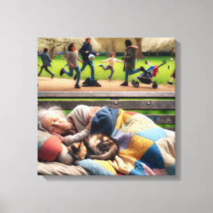 Dakloze dame napping op een parkbank canvas afdruk