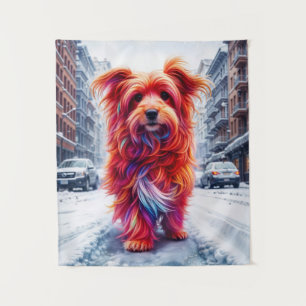 Dakloze hond in koude besneeuwde stadsavond wandkleed