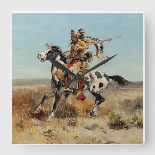 “Dakota Chief” Westerse kunst van Charles M Russel Vierkante Klok (Voorkant)