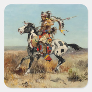 “Dakota Chief” Westerse kunst van Charles M Russel Vierkante Sticker