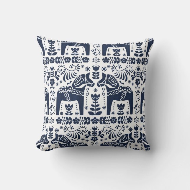 Dala Horse, Navy Blue & White Folk Print Kussen (Voorkant)