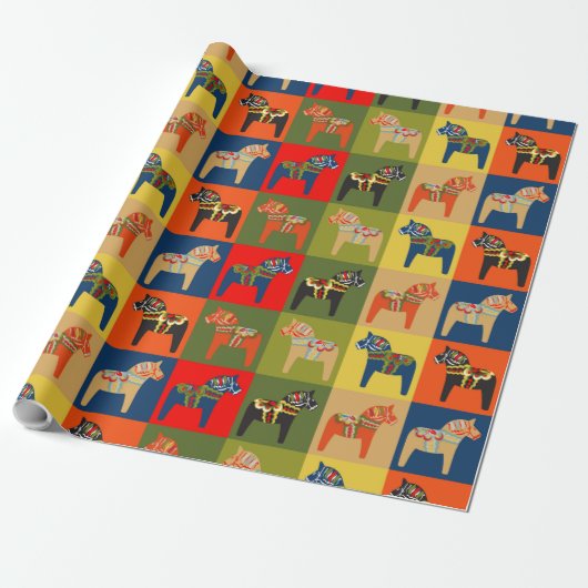 Dala Horse Swedish Folk Art Pattern Cadeaupapier (Uitgerold)