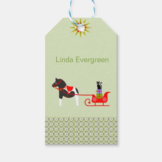 Dala Paard in Groene en Rode Winter Cadeaulabel (Voorkant)