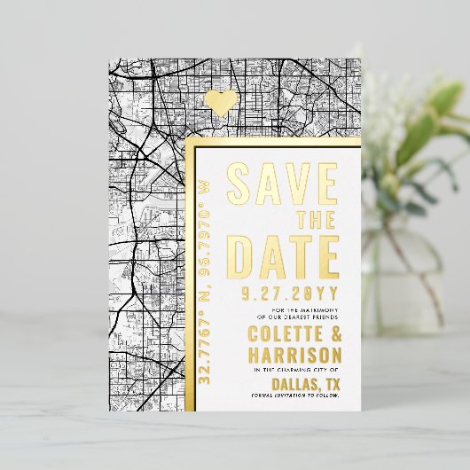 Dallas Love Locator | Bruiloft Bewaar de datum Folie Uitnodiging (Staand Voorkant)
