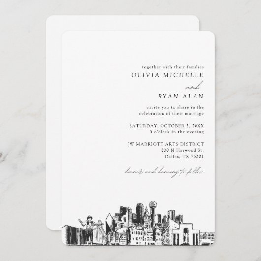 Dallas Mariage élégant Skyline Sketch Invitation (Devant / Derrière)