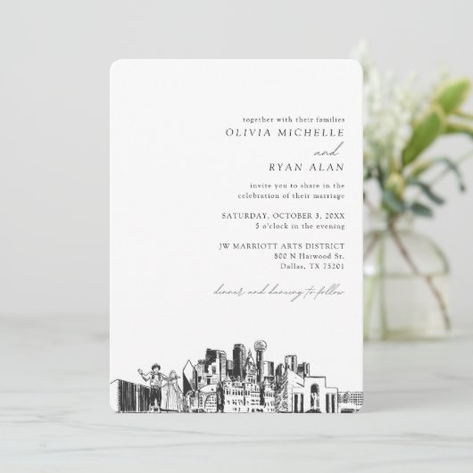 Dallas Mariage élégant Skyline Sketch Invitation (Debout devant)
