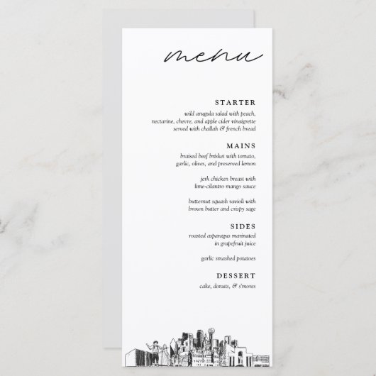 Dallas Skyline Menu Mariage Dîner (Devant / Derrière)