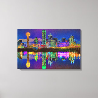 Dallas Skyline op Night Chrome Edited Canvas Art Afdruk