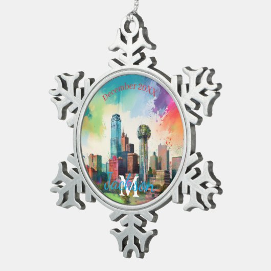 Dallas Skyline Snowflake Pewter Kerstversiering Tin Sneeuwvlok Ornament (Rechts)